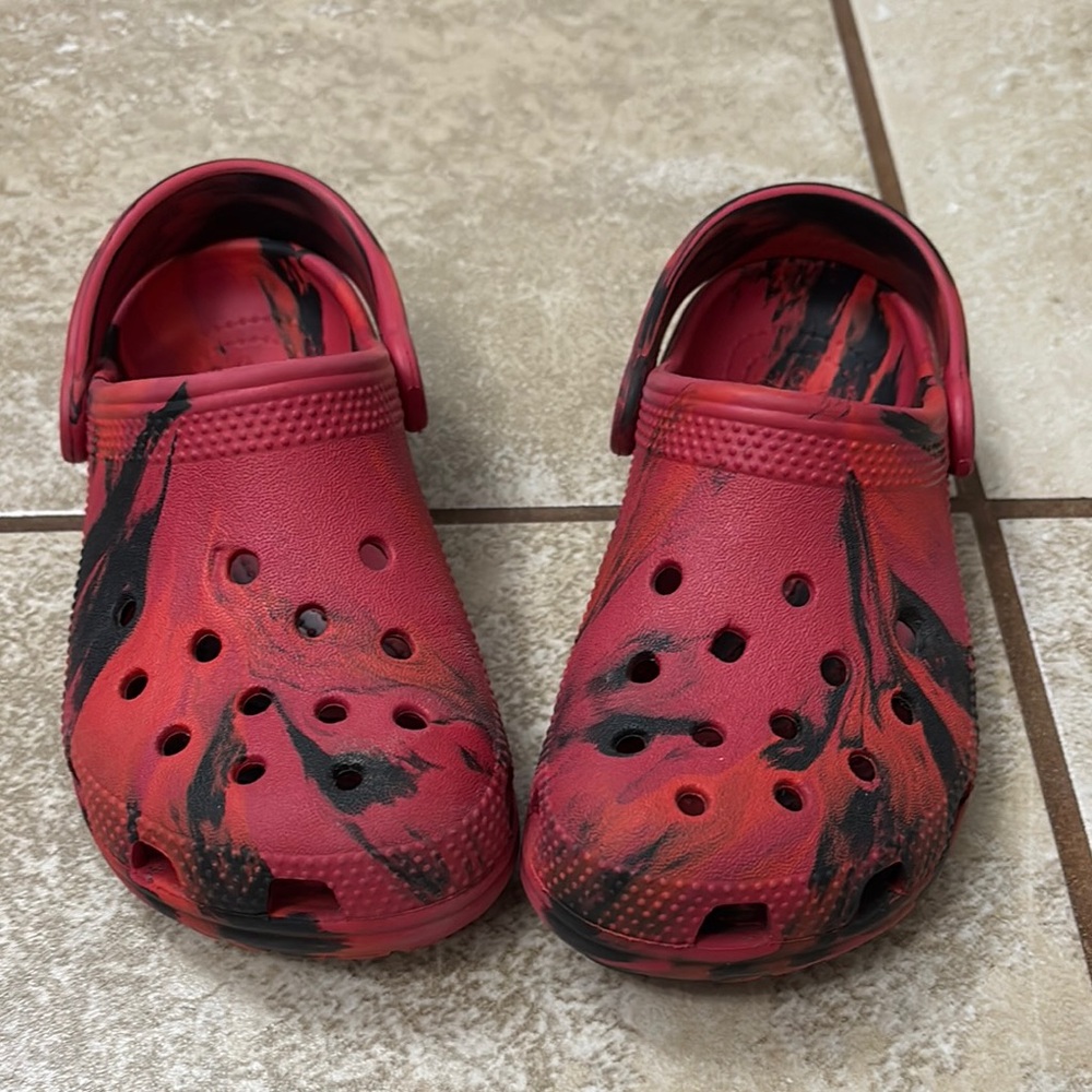 Red and Black Marble Crocs